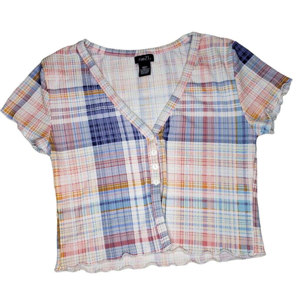 Rue21 Plaid Crop Top Pastel Button Up Short Sleeve Blue Pink White Orange Small